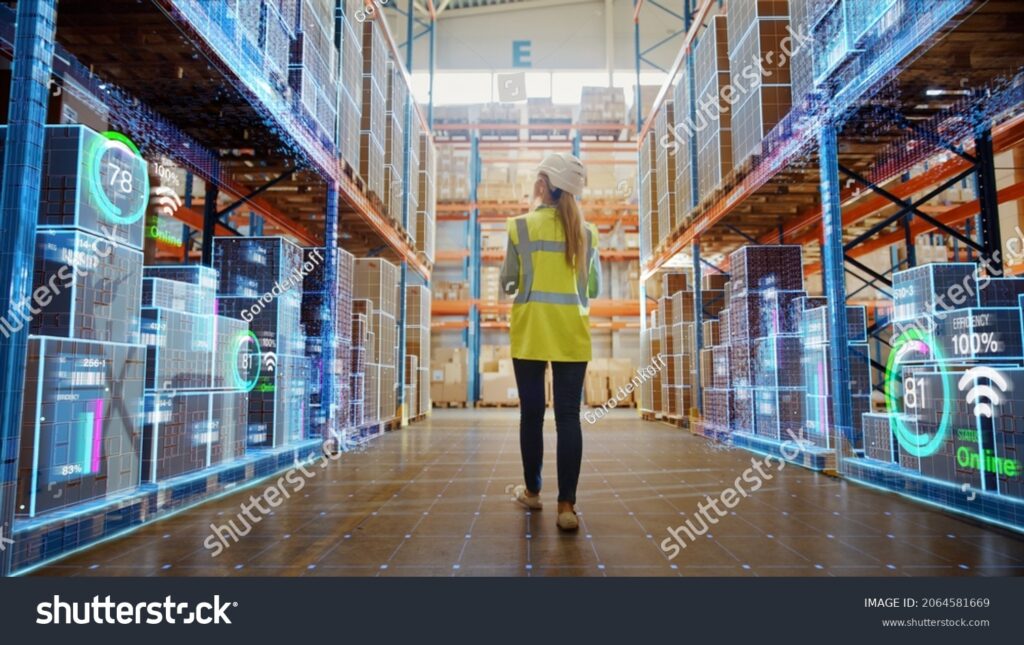 stock photo futuristic technology retail warehouse worker doing inventory walks when digitalization process 2064581669