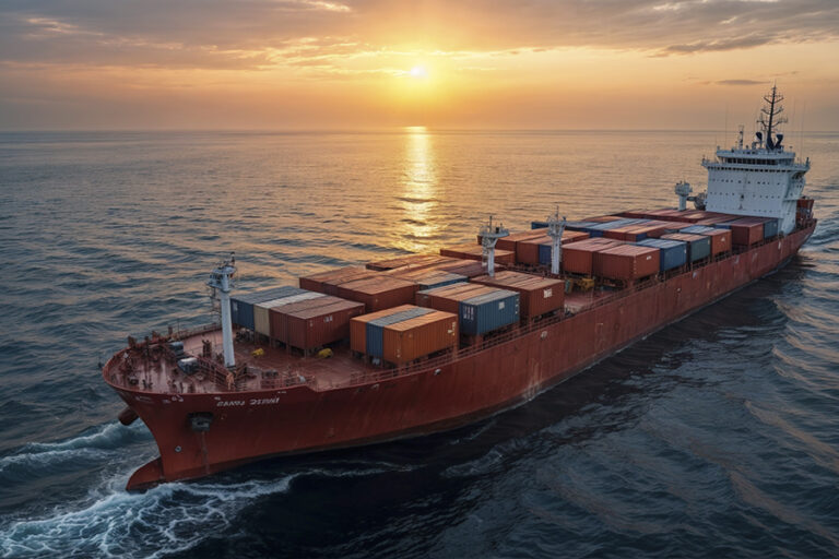 cargo,ship,with,containers,in,the,ocean,at,sunset